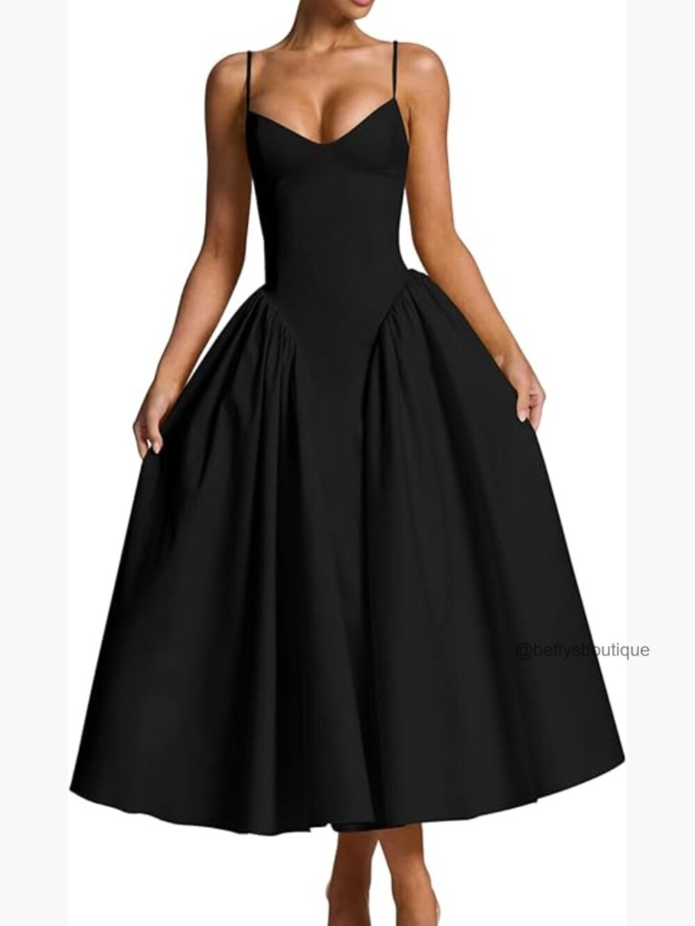 Elegant V Neck Spaghetti Strap A Line Ruched Midi Dress S-2XL